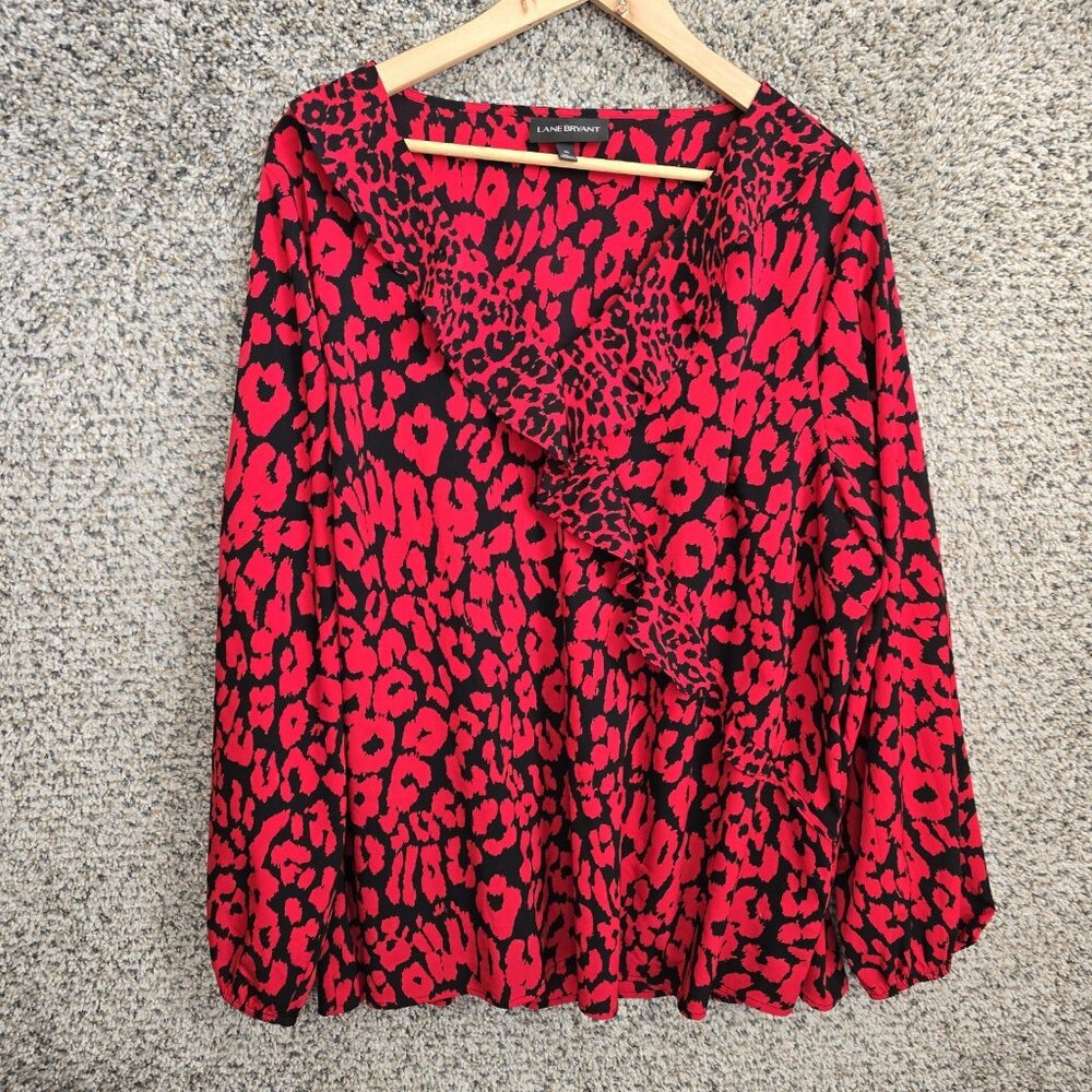 Lane Bryant Top Womens Plus‎ 20 Red Animal Print Semi Sheer V Neck Ruffle Blouse